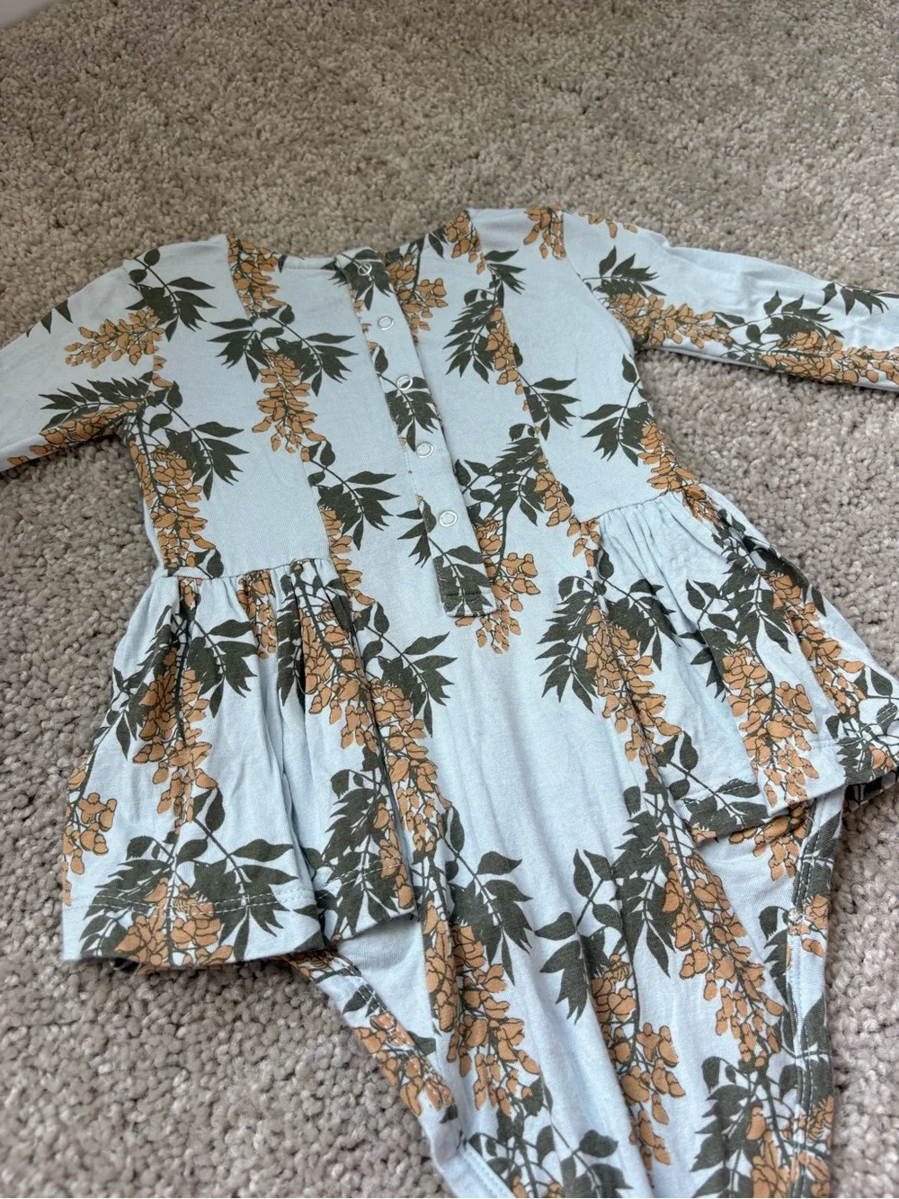 kate quinn Light Blue Floral Peplum Bodysuit with Mustard & Dark Green Print